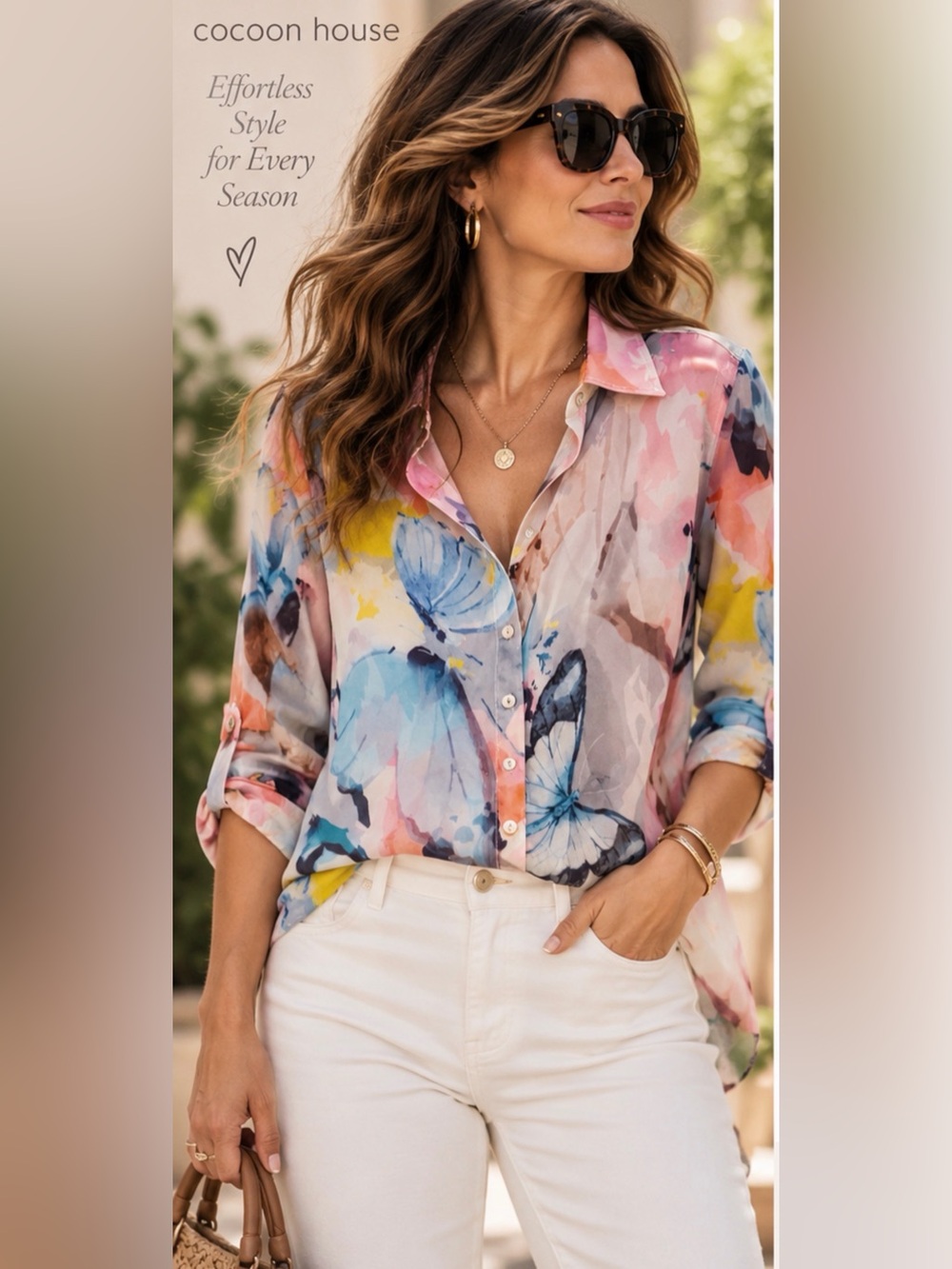 Cocoon House 100% Silk Butterfly Watercolor Blouse Pink Blue Floral Button Up